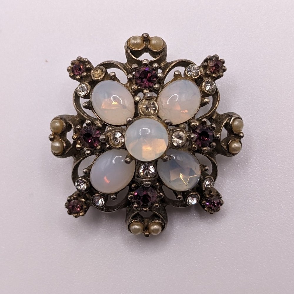 brooch with pearls, crystals, amethyst, moonstone